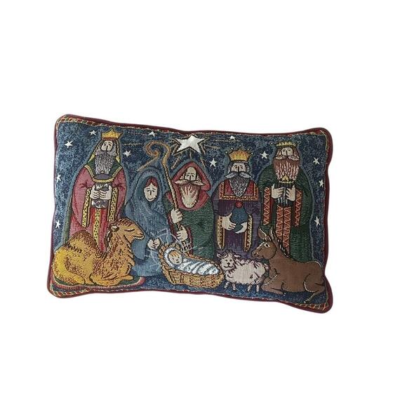 Christmas Nativity Scene Tapestry Throw pillow 11x17 Three Wisemen Bethlehem Red - Picture 1 of 6